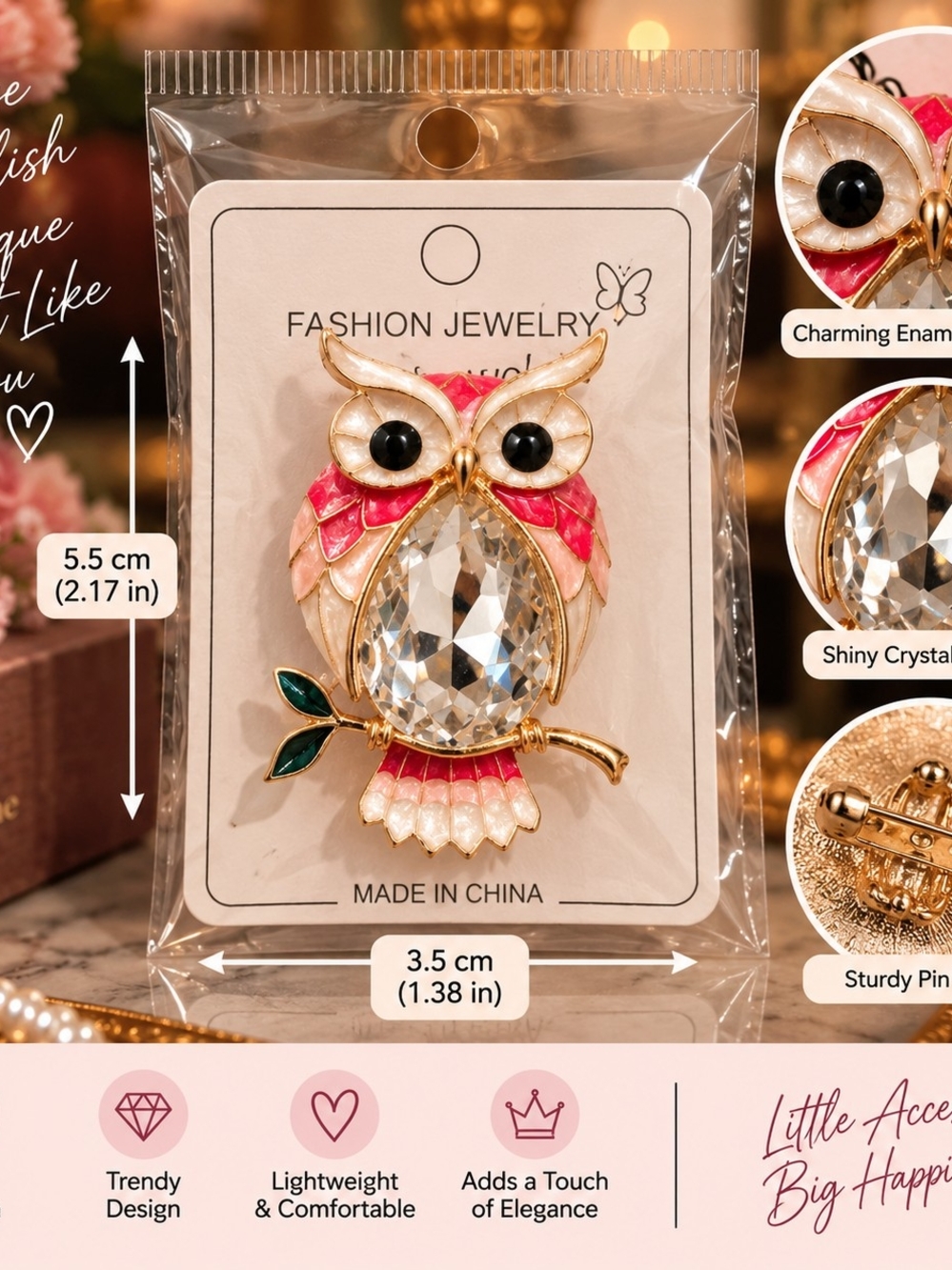 Fashion Jewelry Pink and Green Owl Crystal Brooch with Gold Tone
